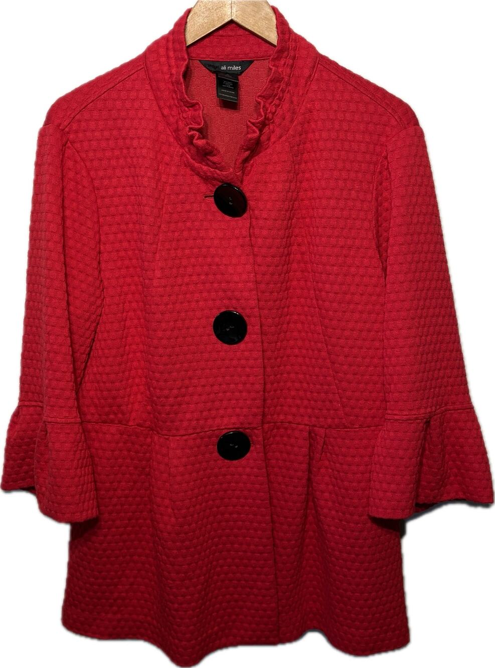 Ali Miles Tunic Artsy Quilted True Red Big Black Button 3/4 Sleeve Swing Coat XL
